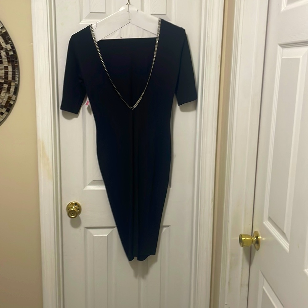 Sexy black evening dress rhinestones back VShaped